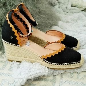 KATE SPADE "Thea" Black Textile Brown Leather Ankle Strap Wedge Espadrilles NEW